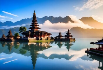 a temple with a lake and mountains in the background.