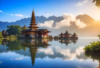Foto op Canvas a temple with a lake and mountains in the background. © rjsoni