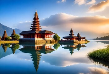 a temple with a lake and mountains in the background. - obrazy, fototapety, plakaty