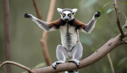 A Lemur With Its Arms Outstretched Balancing On A Upscaled 9