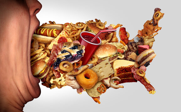 American Junk Food Crisis and US fast-food Diet as United States Unhealthy Eating Habits representing obesity in America and greasy high cholesterol eating habits.