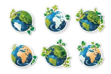 Collection set of six stickers of earth globes featuring different continents with green leaves for environmental concept. Isolated stickers for Earth Day