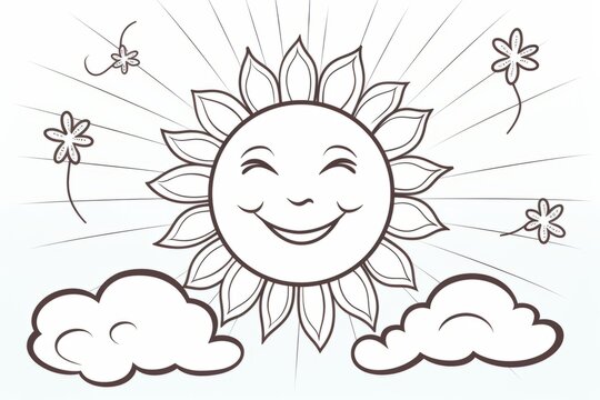 Children's coloring page with a cheerful sun and smiling clouds