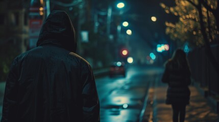 Man with a hood following woman in dark street - obrazy, fototapety, plakaty