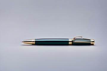 A green pen with gold trim sits on a gray surface