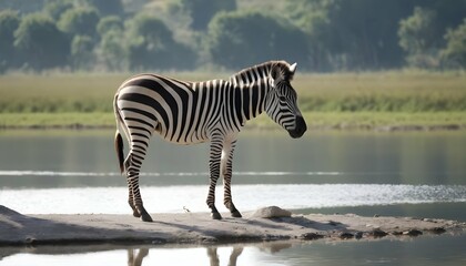 A Zebra In A Lakeside Upscaled 4 - obrazy, fototapety, plakaty
