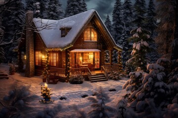 Cozy cabin in the woods illuminated by festive christmas lights