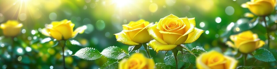 Abstract colorful blurred illustration of blooming yellow roses in dew on blurred bokeh background, space for text. Concept for valentine's day or birthday or mother's day or women's day.	