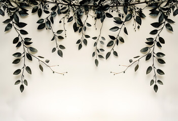 A monochrome photography of plant leaves on a white wall, showcasing a beautiful pattern of nature....