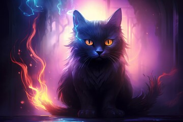 Mysterious black cat in the heart of a dense forest