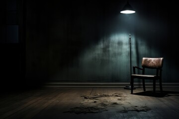 Dark room with a single spotlight on a chair, evoking feelings of suspense and fears - obrazy, fototapety, plakaty