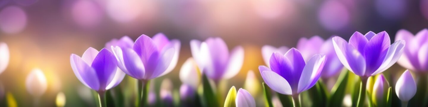 Abstract colorful blurred illustration of crocus flowers on blurred bokeh background, space for text. Concept for valentine's day or birthday or mother's day or women's day.	