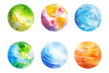 Set of colorful watercolor planets isolated on white background - obrazy, fototapety, plakaty