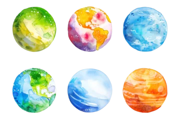 Foto op Plexiglas Set of colorful watercolor planets isolated on white background © MariiaDemchenko