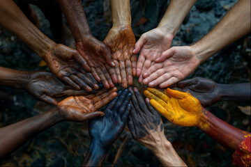 Multicolored Hands Joined In The Center, Covered In Mud, Paint, And Dust, Symbolizing Unity In Diversity And Collaboration.