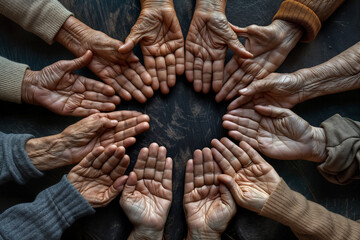 Elderly Hands Open In A Circle On A Dark Surface, Conveying Trust, Openness, And A Lifetime Of Experiences Shared. Suitable For Advertising Of Events, Nursing Homes And Empowerment Of The Older Adults