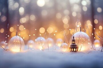 Lantern standing alone in a snowy field - obrazy, fototapety, plakaty