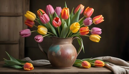A Bouquet Of Tulips In A Rustic Jug High Quality Upscaled 2