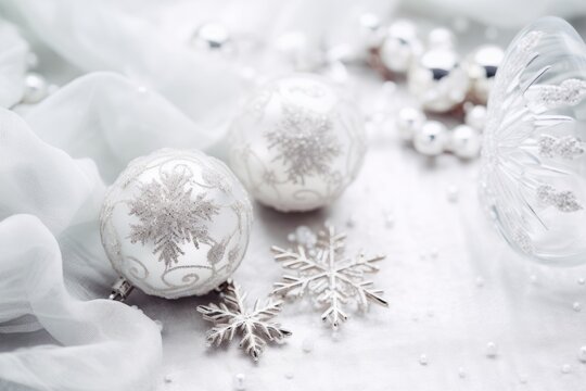 Elegant white and silver holiday flatlay with snowflakes, candles, and glass ornaments