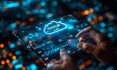 Data Protection Concept with a Person Holding a Holographic Cloud Computing Backup System on a Virtual Interface