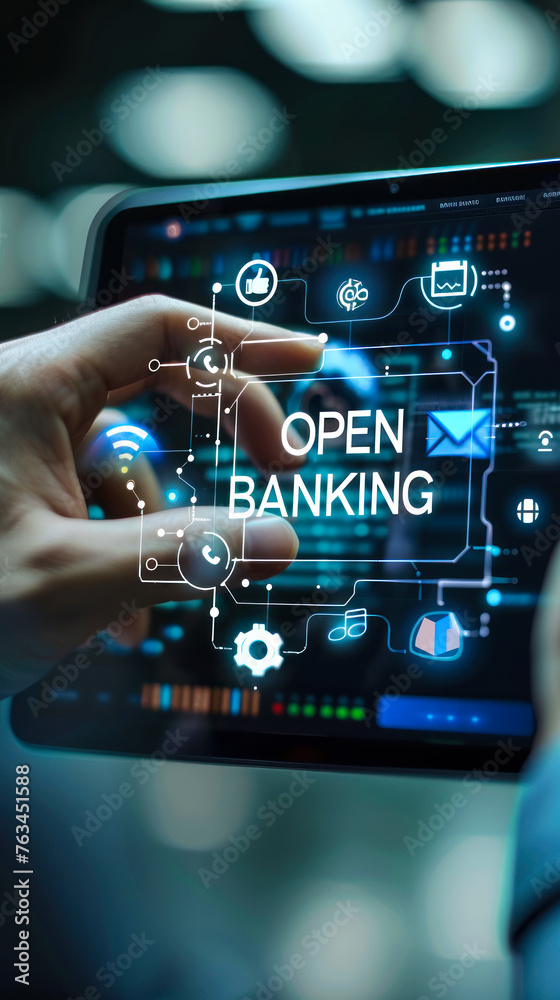 Poster futuristic concept of open banking with api and financial icons hovering above a tablet in a user's 
