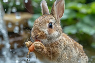 Close-up of a bunny eating a small carrot with water droplets adding freshness