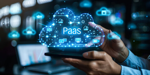 Professional Showcasing Cloud Computing Concept of Platform as a Service (PaaS) with Virtual Interface and Icons
