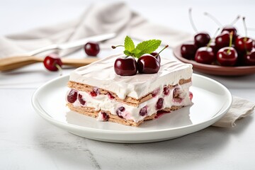 Delicious Cherry Icebox Cake In Elegant Ceramic Plate isolated on white 