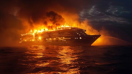 Cruise ship in fire at open sea. Luxury cruise. Floating liner emergency situation. Extinguishing fire from firefighting boat. - obrazy, fototapety, plakaty