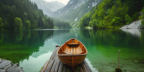 wooden boat on a mooring mountain lake. Wooden - Powered by Adobe