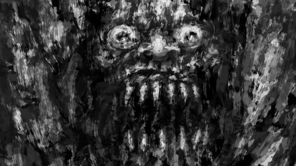 Hellish storm of monsters. Scary grunge illustration. Angry devil head. Black and white background. Brush strokes. Frightening picture. Abstraction dark backdrop. Spooky visions of hell.