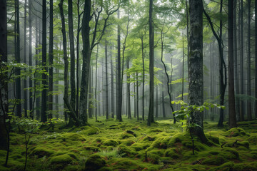 Fototapeta premium panoramic of a dense forest with a misty atmosphere 