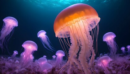 A Jellyfish In A Sea Of Glowing Creatures Upscaled 3