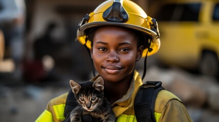 Female firefighter, kitten, burnt house, international firefighters day theme, with space for text