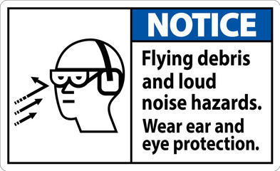 A Notice sign depicting the necessity of wearing ear and eye protection due to flying debris and loud noise hazards.