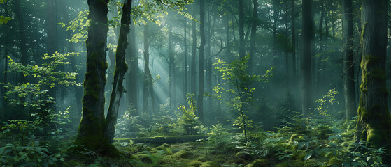 Fototapeta premium panoramic of a dense forest with a misty atmosphere 