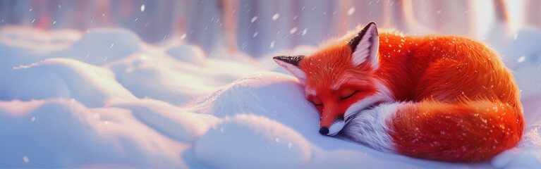 A cute red fox is sleeping in the snow banner design with empty copy space for text. A bright red fox vulpes curled up in a snowbank on a snowy day - obrazy, fototapety, plakaty