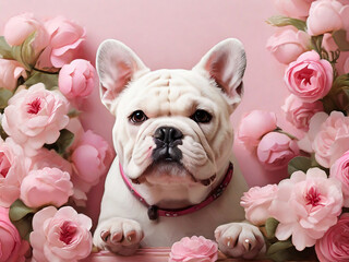 Cute White Bulldog with Surrounding Pink Flowers