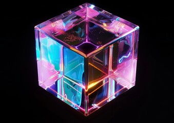 A cube featuring bright and vivid colors is displayed against a dark black background
