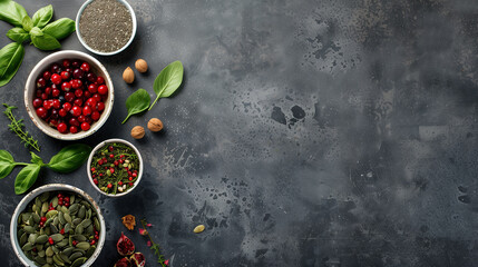 set of healthy food products for human health on a dark gray background with copy space and a top view