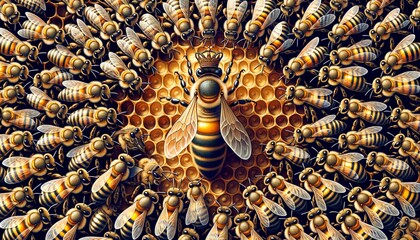 the queen (apis mellifera) marked with dot and bee workers around her. concept bee colony life - obrazy, fototapety, plakaty