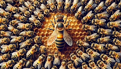 Fotobehang the queen (apis mellifera) marked with dot and bee workers around her. concept bee colony life © graphito