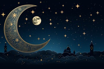 Obraz na płótnie Canvas Moon and stars on a starry night sky for Mawlid