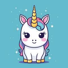 Adorable cartoon unicorn with a golden horn and pastel mane on a turquoise background surrounded by sparkling stars.