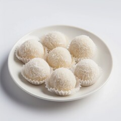 Fototapeta na wymiar Semolina Sweet Balls on a plate, coconut laddu on a white ceramic plate, Diwali theme, white background
