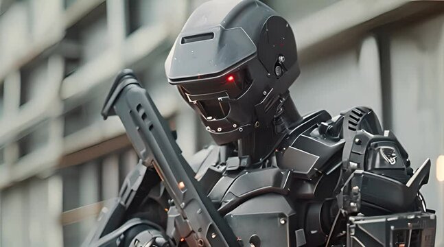 Robot warriors are in action in the city, Tech Vanguard, a high-tech military force