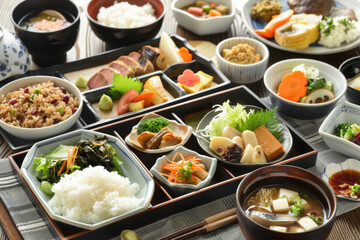 A traditional Japanese breakfast spread