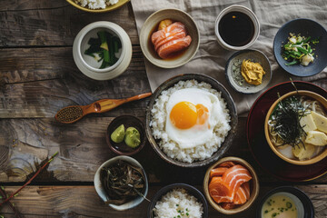 Fototapeta na wymiar A traditional Japanese breakfast spread
