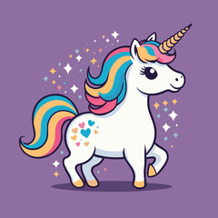A whimsical cartoon unicorn with a rainbow mane and heart-shaped markings stands against a vibrant purple background, surrounded by sparkling stars.