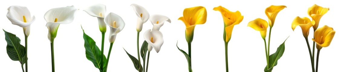 Collection set stalk of yellow white calla lily lilies flower floral plant with leaf leaves on transparent background cutout, PNG file. Mockup template artwork graphic design